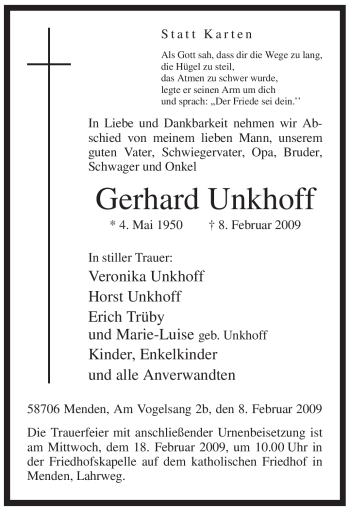 Traueranzeige von Gerhard Unkhoff von Tageszeitung