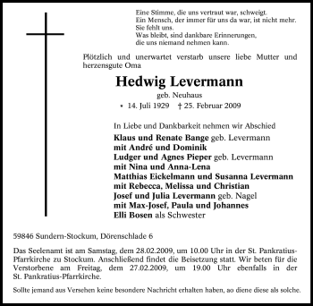 Traueranzeige von Hedwig Levermann von Tageszeitung