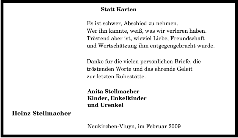  Traueranzeige für Heinz Stellmacher vom 07.02.2009 aus Tageszeitung