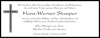 Traueranzeige von Hans-Werner Stumper von Tageszeitung