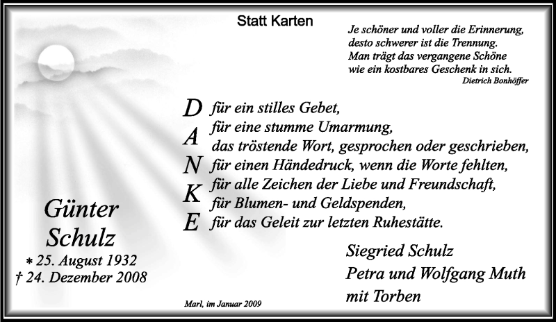  Traueranzeige für Günter Schulz vom 03.02.2009 aus Tageszeitung