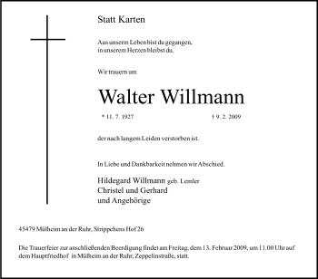 Traueranzeige von Walter Willmann von Tageszeitung