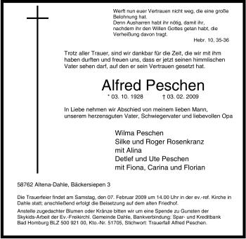 Traueranzeige von Alfred Peschen von Tageszeitung