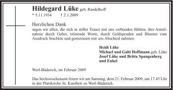 Traueranzeige von Hildegard Lüke von Tageszeitung