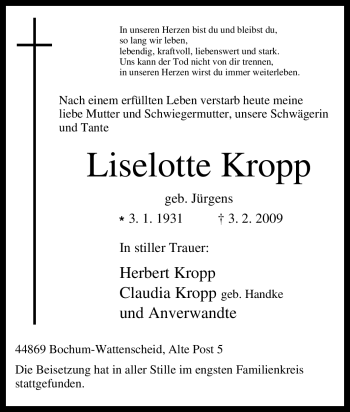Traueranzeige von Liselotte Kropp von Tageszeitung