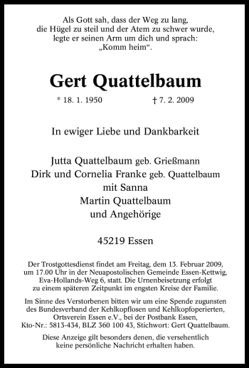 Traueranzeige von Gert Quattelbaum von Tageszeitung
