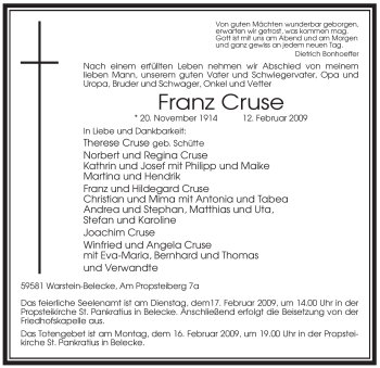 Traueranzeige von Franz Cruse von Tageszeitung