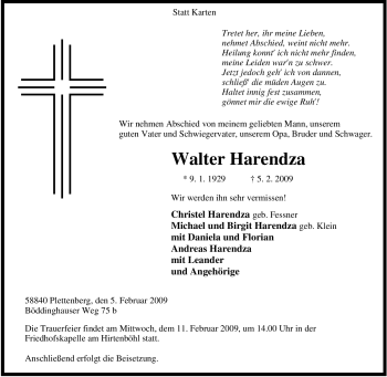 Traueranzeige von Walter Harendza von Tageszeitung
