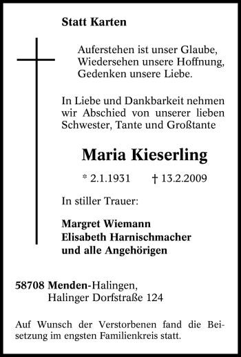 Traueranzeige von Maria Kieserling von Tageszeitung
