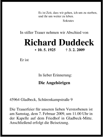 Traueranzeige von Richard Duddeck von Tageszeitung