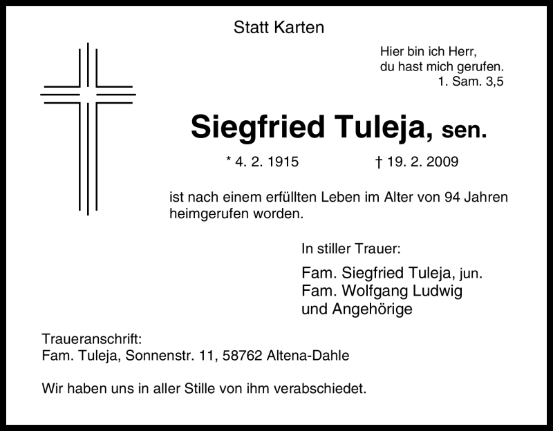  Traueranzeige für Siegfried Tuleja, sen. vom 25.02.2009 aus Tageszeitung