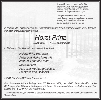 Traueranzeige von Horst Prinz von Tageszeitung
