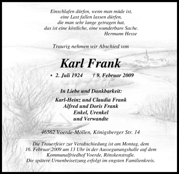 Traueranzeige von Karl Frank von Tageszeitung