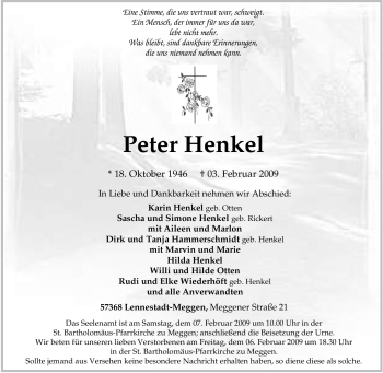 Traueranzeige von Peter Henkel von Tageszeitung