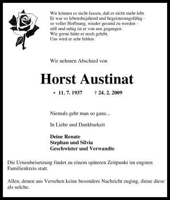 Traueranzeige von Horst Austinat von Tageszeitung
