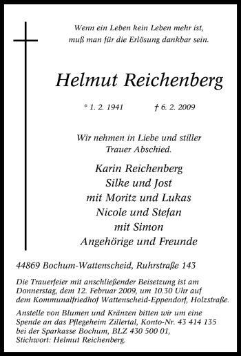 Traueranzeige von Helmut Reichenberg von Tageszeitung