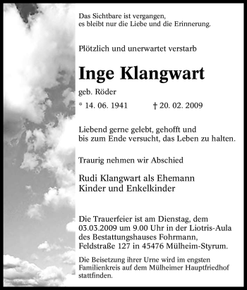 Traueranzeige von Inge Klangwart von Tageszeitung