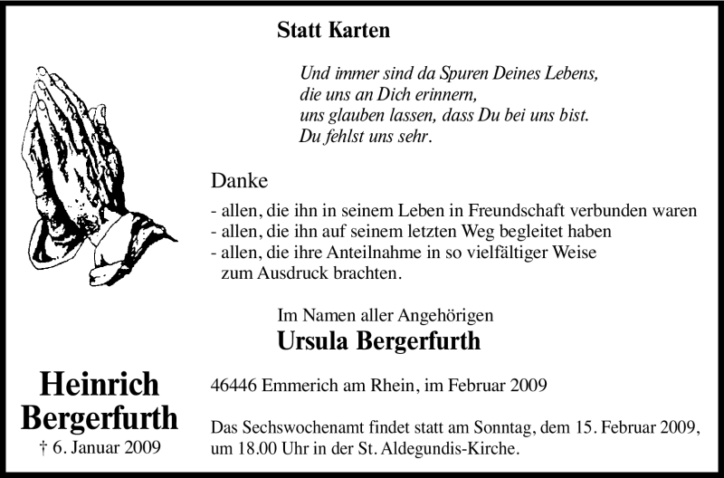  Traueranzeige für Heinrich Bergerfurth vom 11.02.2009 aus Tageszeitung