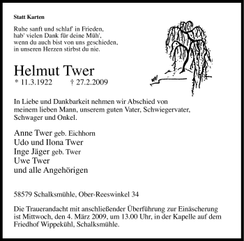 Traueranzeige von Helmut Twer von Tageszeitung