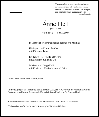 Traueranzeige von Änne Hell von Tageszeitung