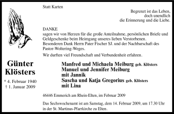 Traueranzeige von Günter Klösters von Tageszeitung