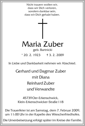 Traueranzeige von Maria Zuber von Tageszeitung