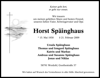 Traueranzeige von Horst Späinghaus von Tageszeitung