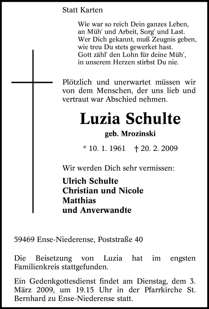  Traueranzeige für Luzia Schulte vom 28.02.2009 aus Tageszeitung