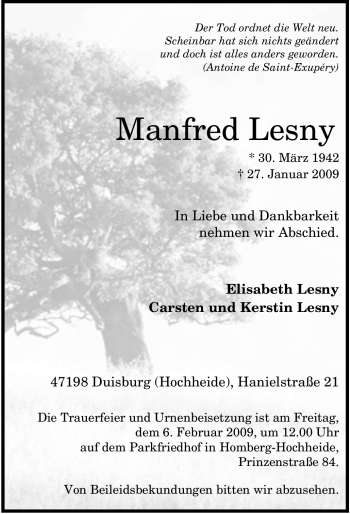Traueranzeige von Manfred Lesny von Tageszeitung