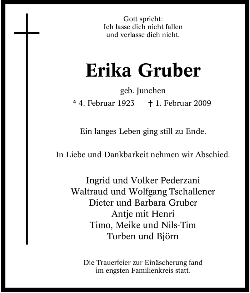  Traueranzeige für Erika Gruber vom 07.02.2009 aus Tageszeitung