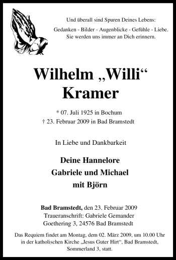 Traueranzeige von Wilhelm Kramer von Tageszeitung