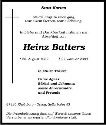 Traueranzeige von Heinz Balters von Tageszeitung