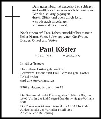 Traueranzeige von Paul Köster von Tageszeitung