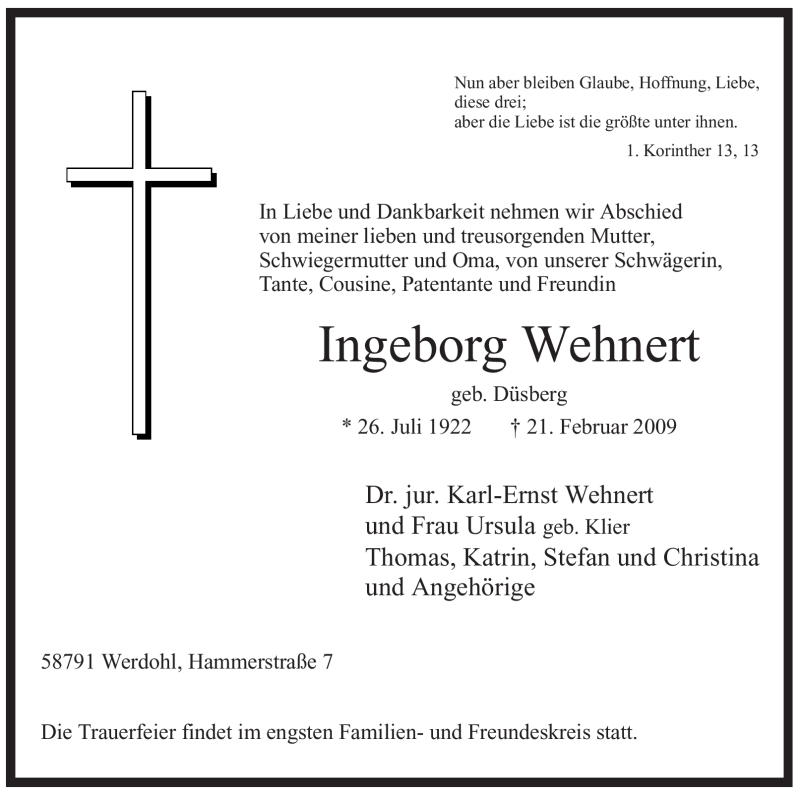  Traueranzeige für Ingeborg Wehnert vom 25.02.2009 aus Tageszeitung