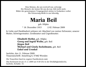 Traueranzeige von Maria Beil von Tageszeitung