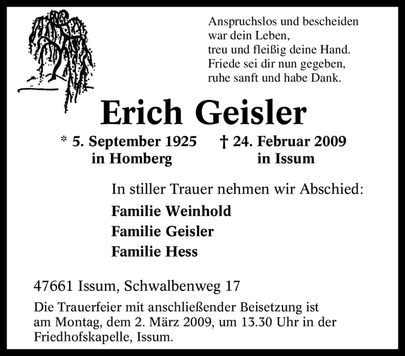  Traueranzeige für Erich Geisler vom 27.02.2009 aus Tageszeitung