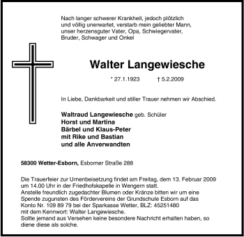 Traueranzeige von Walter Langewiesche von Tageszeitung