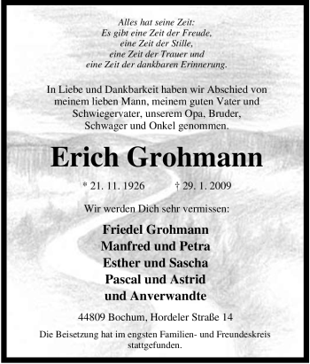 Traueranzeige von Erich Grohmann von Tageszeitung