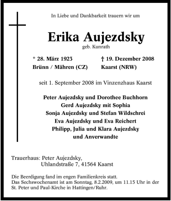 Traueranzeige von Erika Aujezdsky von Tageszeitung