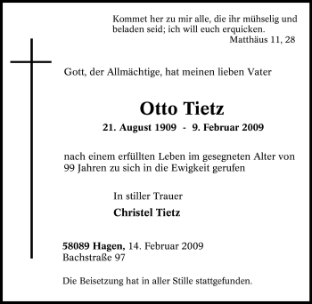 Traueranzeige von Otto Tietz von Tageszeitung