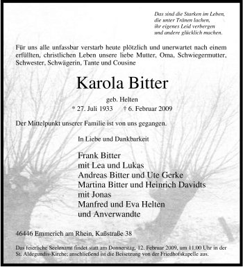 Traueranzeige von Karola Bitter von Tageszeitung