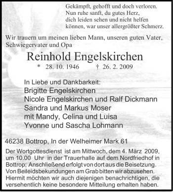 Traueranzeige von Reinhold Engelskirchen von Tageszeitung