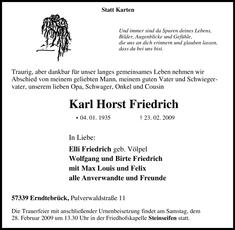  Traueranzeige für Karl Horst Friedrich vom 25.02.2009 aus Tageszeitung