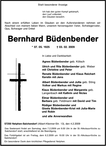 Traueranzeige von Bernhard Büdenbender von Tageszeitung