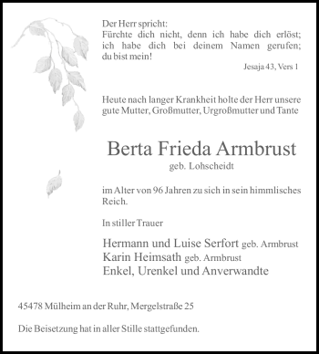 Traueranzeige von Berta Frieda Armbrust von Tageszeitung