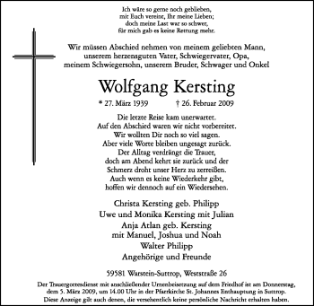 Traueranzeige von Wolfgang Kersting von Tageszeitung