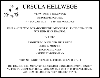 Traueranzeige von Ursula Hellwege von Tageszeitung