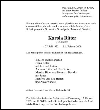 Traueranzeige von Karola Bitter von Tageszeitung
