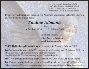 Traueranzeige von Pauline Altmann von Tageszeitung