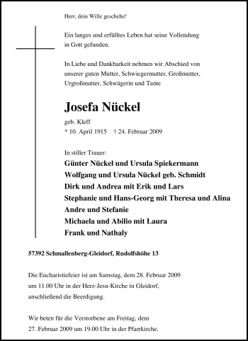 Traueranzeige von Josefa Nückel von Tageszeitung